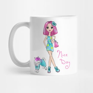 Pop Art girl in dress with dog Mug